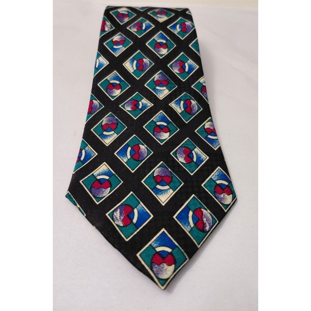 Vintage Bugle Boy Mens 56" x 4" Classic Tie Blue Green Black Geometric